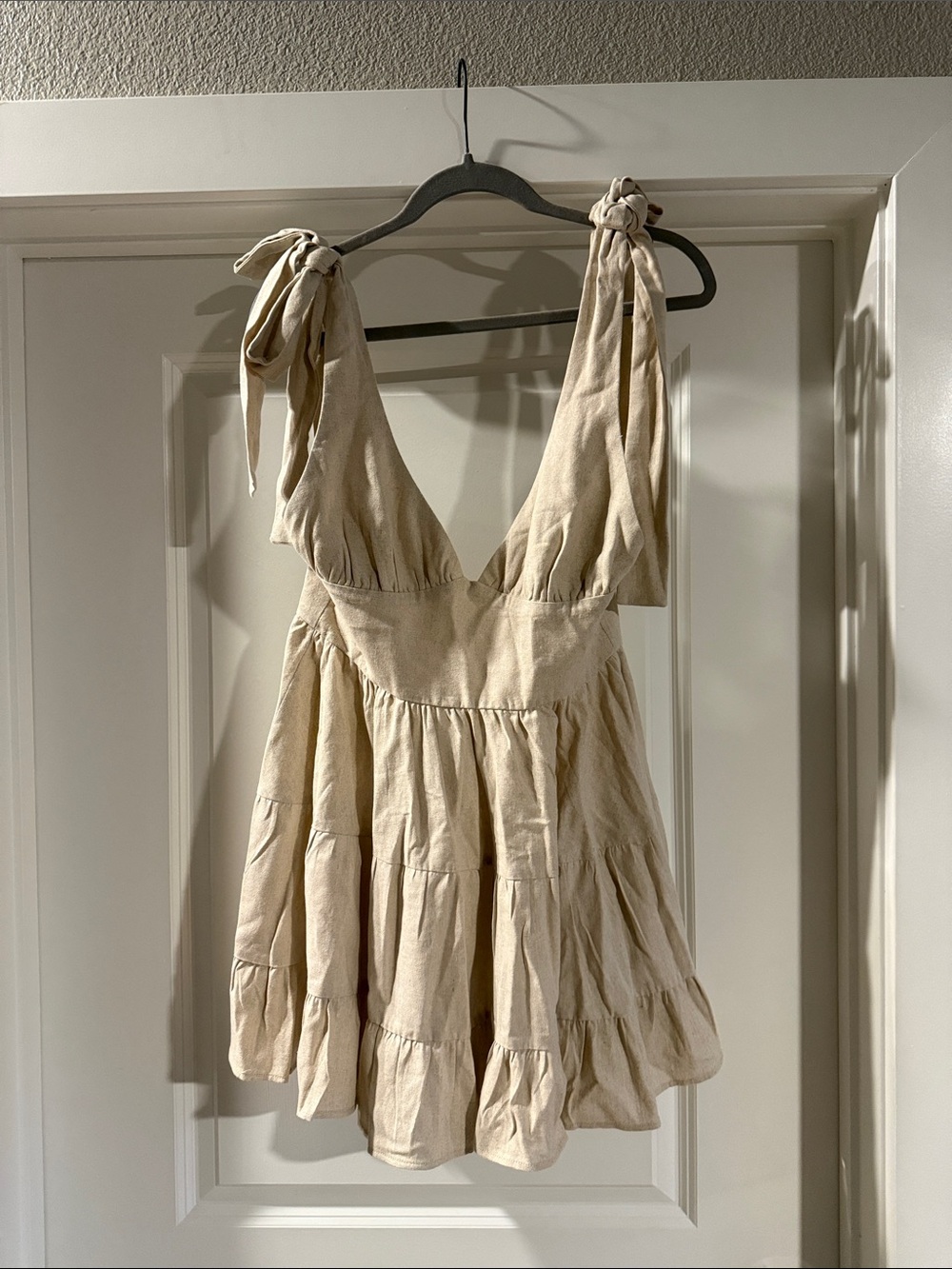 Meshki Linen Tie-Shoulder Tiered Mini Dress